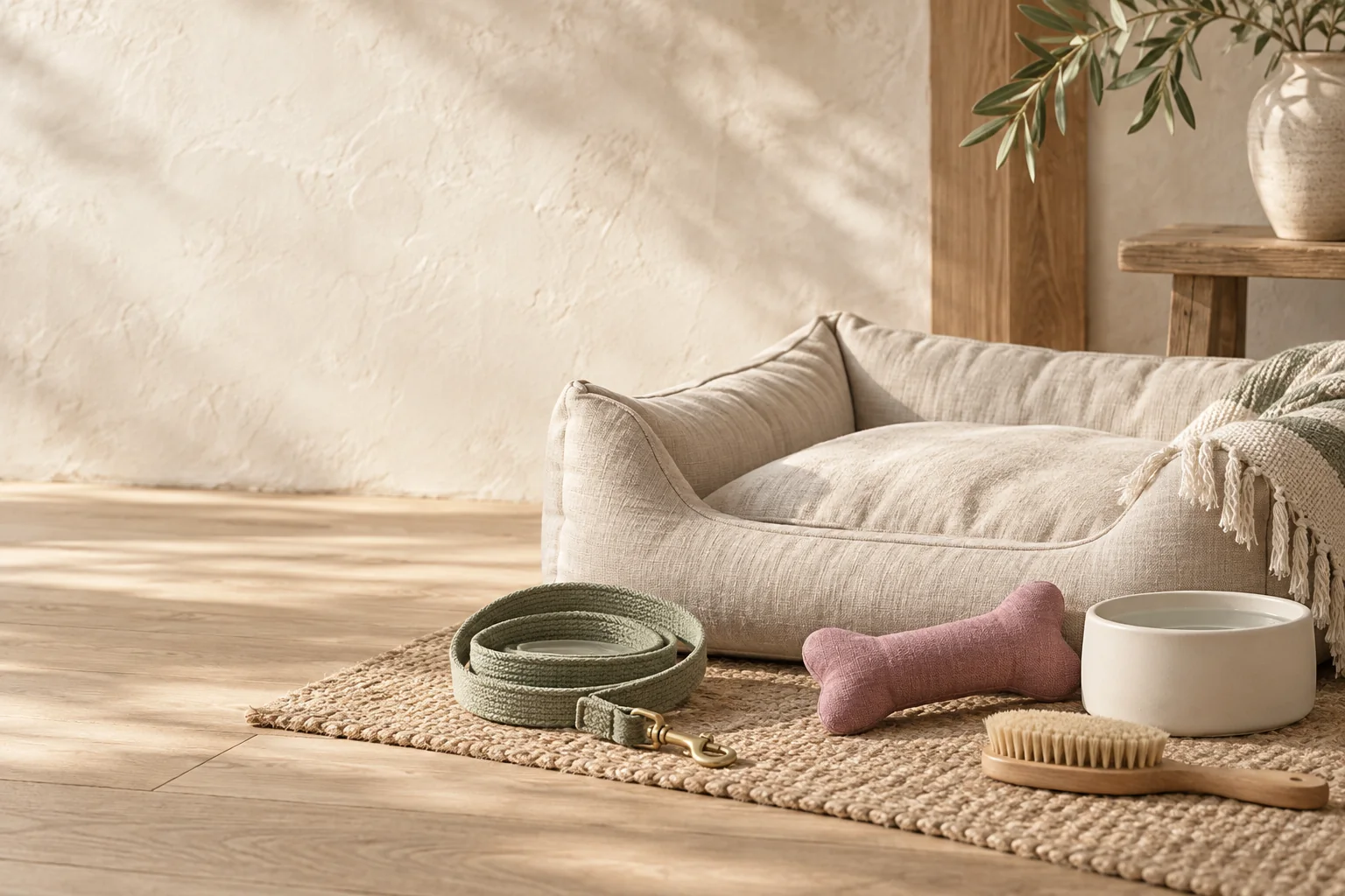 A bamboo grooming brush, ceramic bowl and natural fabric in a warm home
