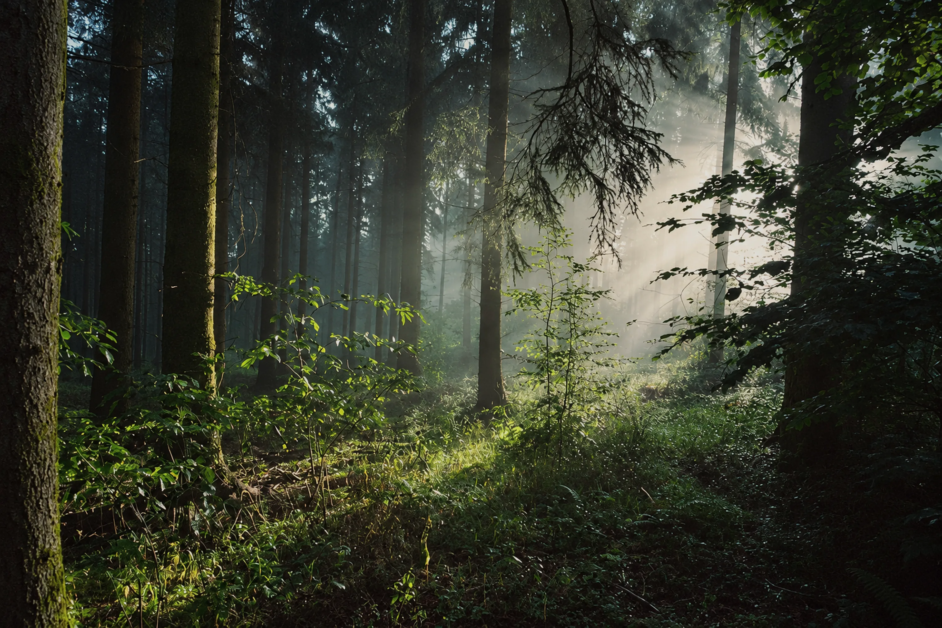 Sunlight passing through forest leaves