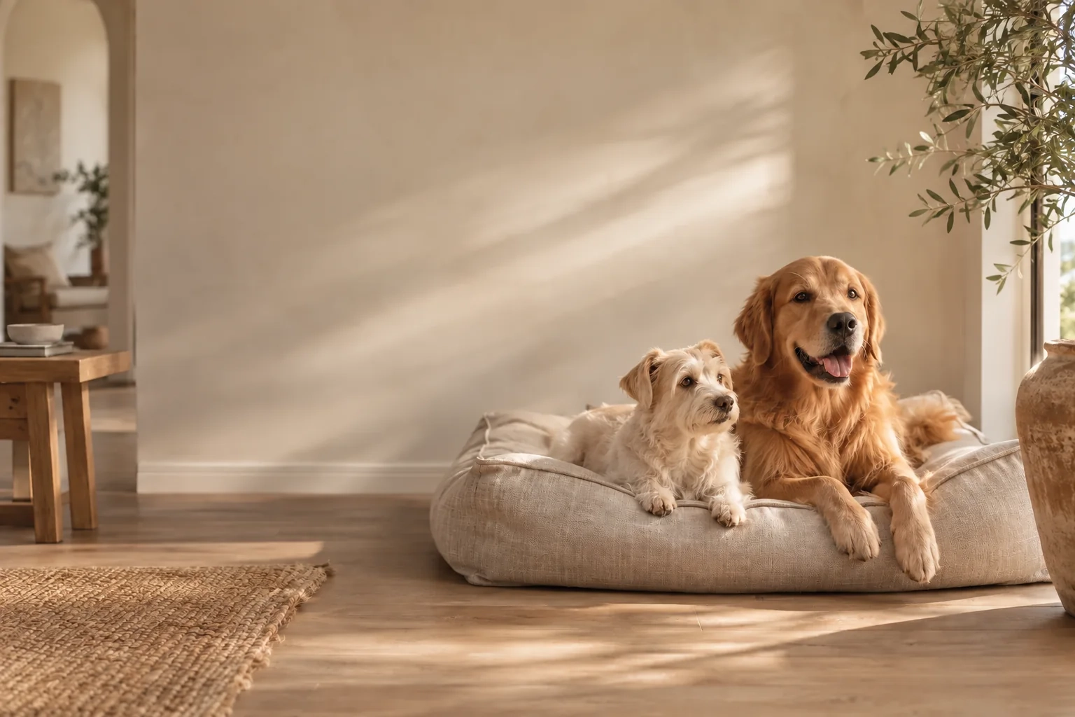 Two dogs resting together in a warm natural interior