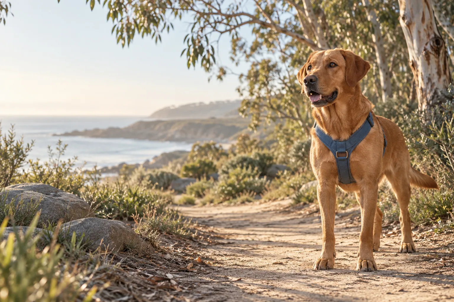 A Labrador exploring a sunlit coastal path