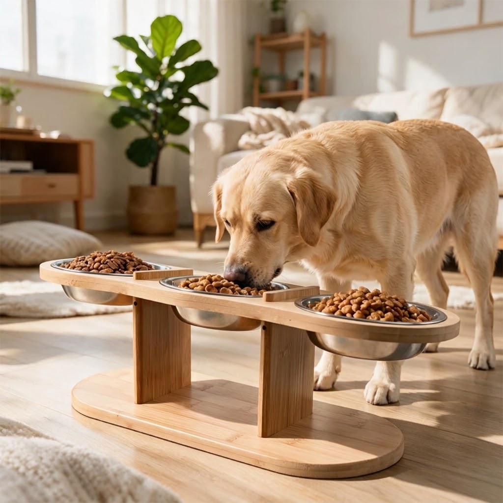 Three-Bowl Bamboo Dog Feeding Station