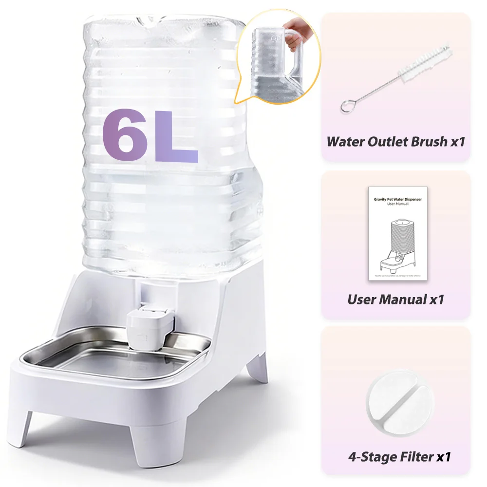 6L gravity dog water dispenser with stainless-steel tray view 9