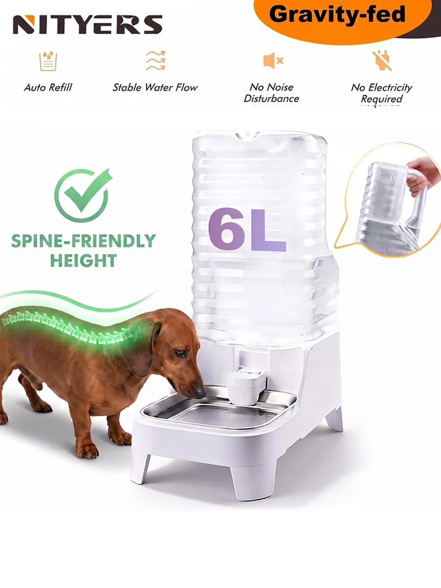 6L gravity dog water dispenser with stainless-steel tray