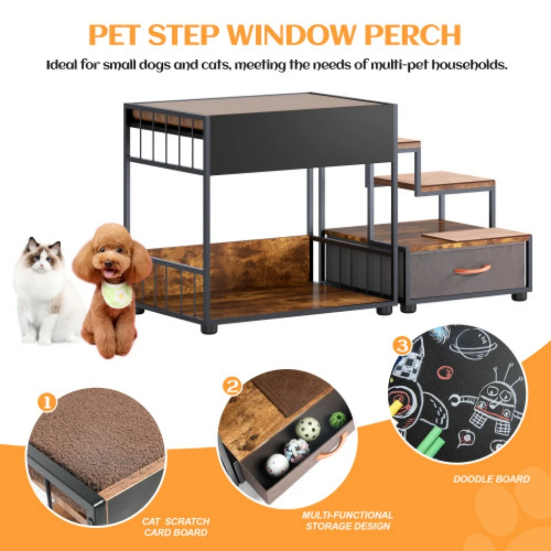 Wood-composite dog bunk bed with steps and storage view 8