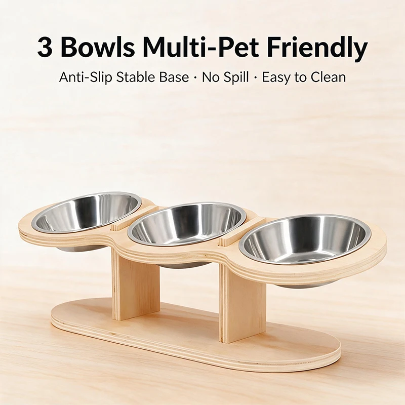 Three-Bowl Bamboo Dog Feeding Station view 4