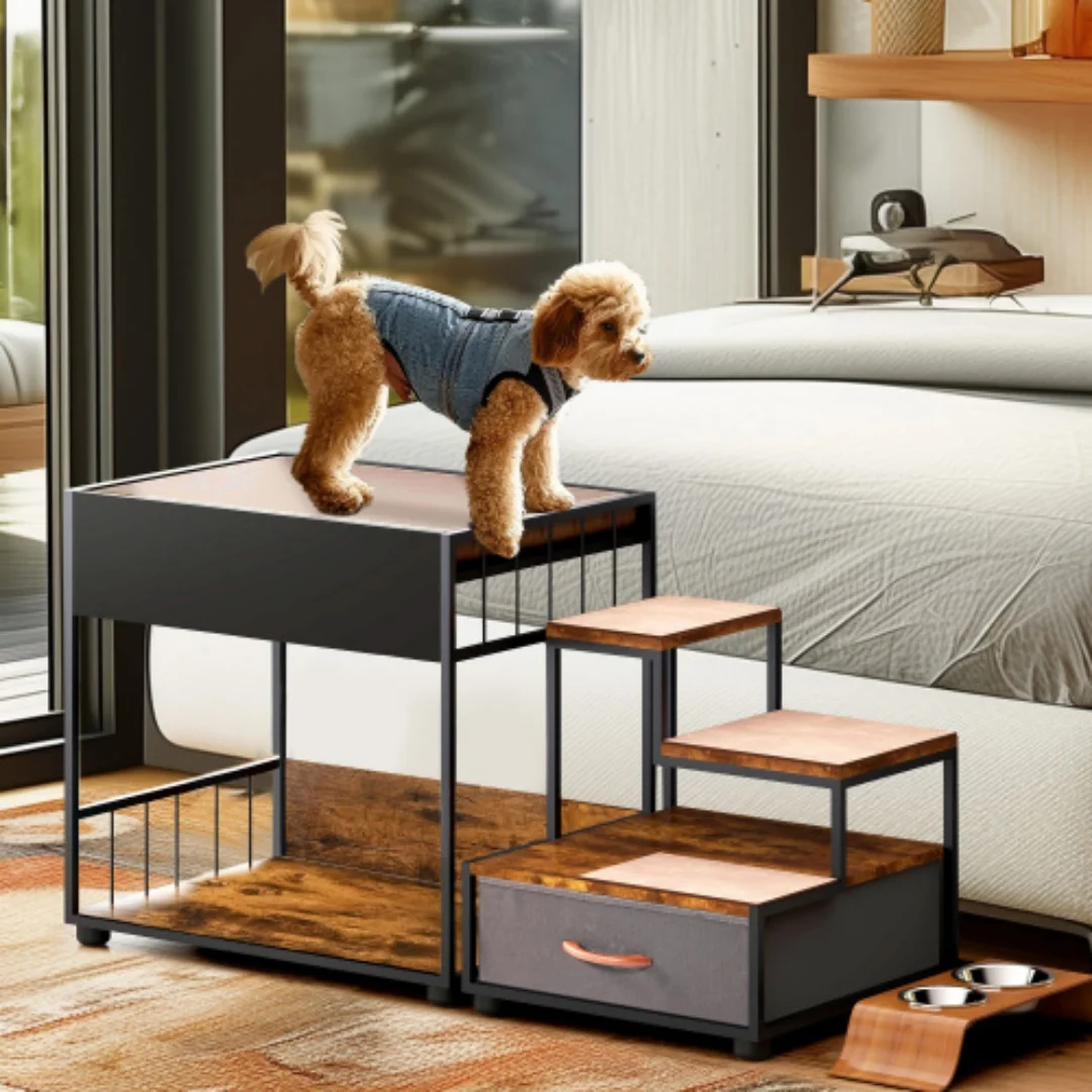 Wood-composite dog bunk bed with steps and storage view 2