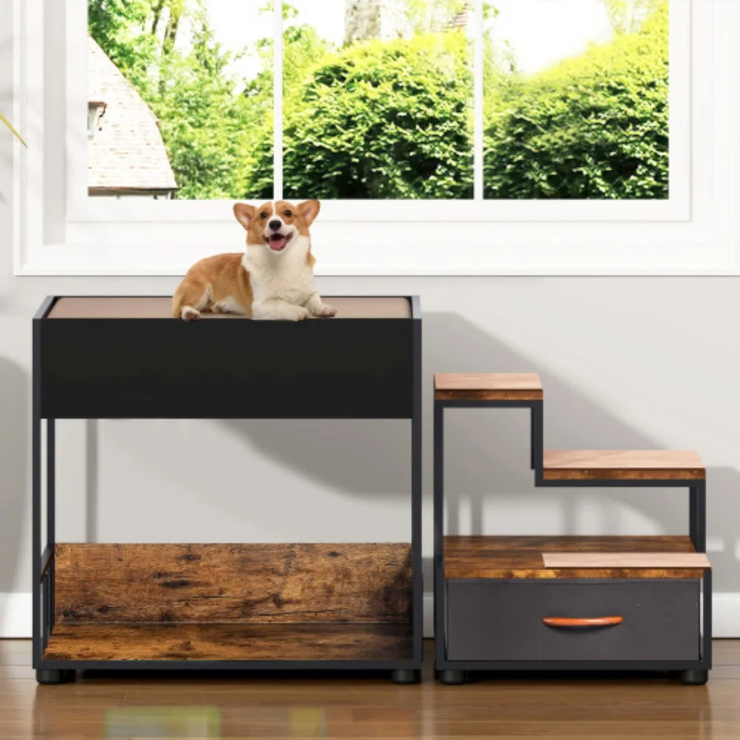 Wood-composite dog bunk bed with steps and storage view 5