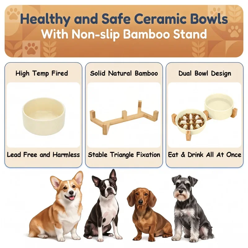 Elevated Ceramic Dog Bowl Set with Wooden Stand