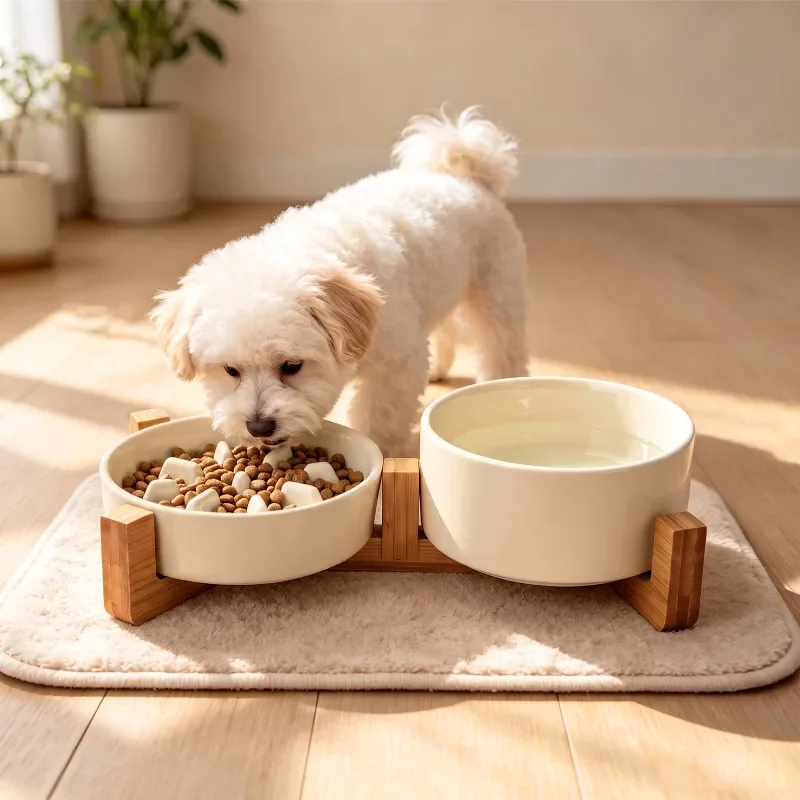 Elevated Ceramic Dog Bowl Set with Wooden Stand detail 7