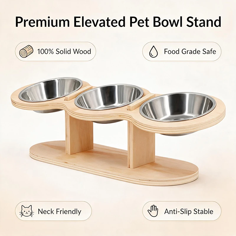 Three-Bowl Bamboo Dog Feeding Station view 2