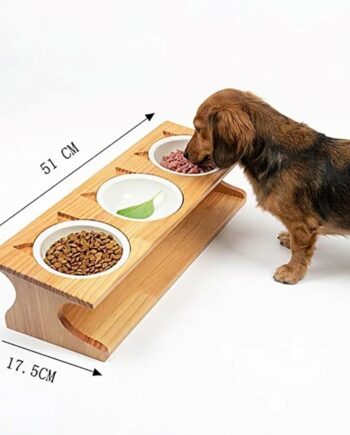 Three-Bowl Ceramic Feeding Station with Bamboo Stand